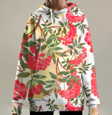 Ветка красной рябины с листьями зелёными ягоды красные, Hoodie Long Oversize 3D