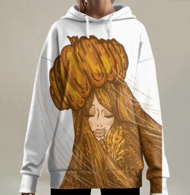 Девушка с осенними листьями и тыквой на голове девушка осень, Hoodie Long Oversize 3D