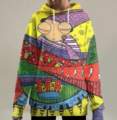 Задумчивый персонаж в ярком сюрреалистическом мире, Hoodie Long Oversize 3D