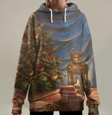 Новогодняя Елка с Золотыми Шарами и Фонарем на Столе, Hoodie Long Oversize 3D