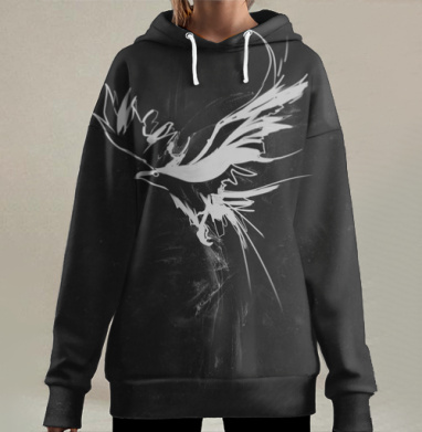Ворон контур арт, Hoodie Long Oversize 3D