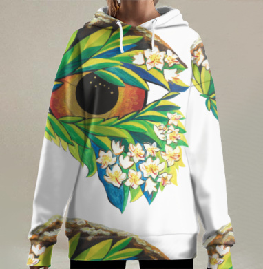 Глаз с зелёными листьями и белыми цветами лето природы, Hoodie Long Oversize 3D