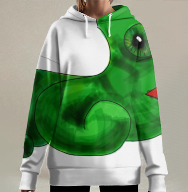 Зеленый хамелеон наблюдает муху на белом фоне, Hoodie Long Oversize 3D