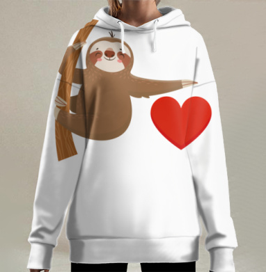 Любовь к ленивцам коричневый милый персонаж сердце черный, Hoodie Long Oversize 3D