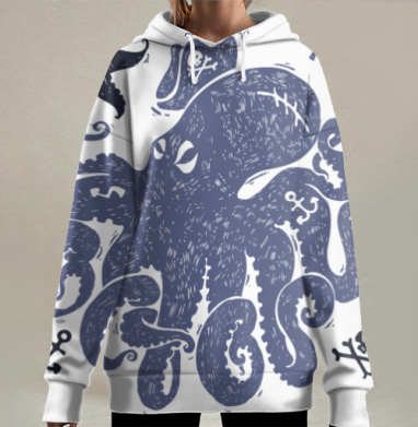 Осьминог пират в ретро-стиле с морской атрибутикой, Hoodie Long Oversize 3D