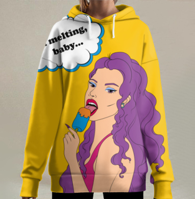 Девушка с пурпурными волосами ест мороженое на желтом фоне, Hoodie Long Oversize 3D