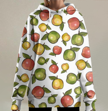 Яркий акварельный узор с яблоками, Hoodie Long Oversize 3D