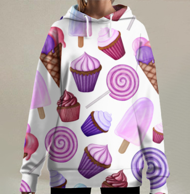 Сладкое мороженое капкейки леденцы праздник радость, Hoodie Long Oversize 3D