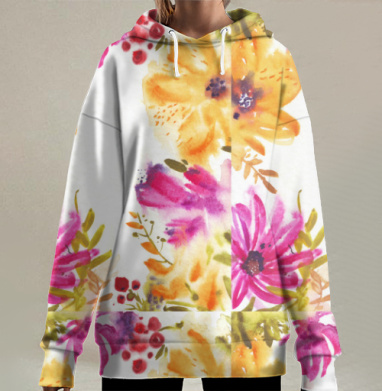 Яркие цветы в акварели создать настроение свежести и вдохновения, Hoodie Long Oversize 3D