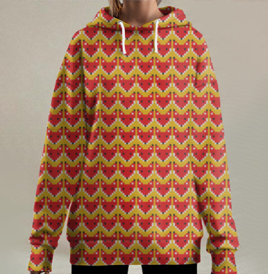 Узор с красными лисицами на жёлто-зелёном фоне, Hoodie Long Oversize 3D