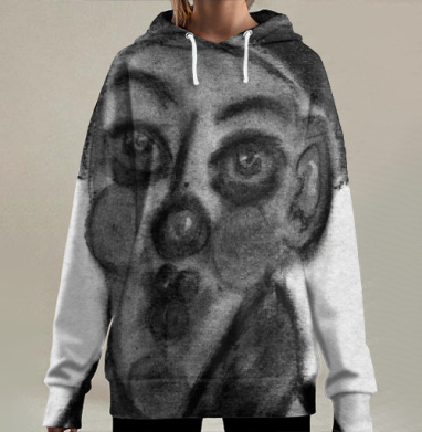 Человек в шляпе с клоунским гримом и задумчивым взглядом, Hoodie Long Oversize 3D