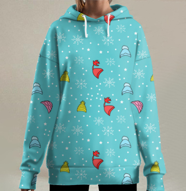 Зимние яркие шапки на бирюзовом фоне со снежинками летних дней, Hoodie Long Oversize 3D
