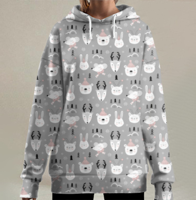 Зимние головы зимних зверей на сером фоне внизу, Hoodie Long Oversize 3D