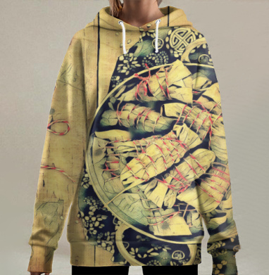 Традиционные кулинарные листья в нитках на деревянном фоне, Hoodie Long Oversize 3D
