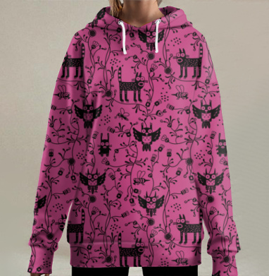 Черные собаки и совы на малиновом фоне дизайн одежды, Hoodie Long Oversize 3D