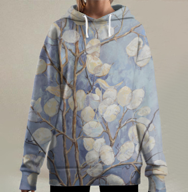 Воздушные белые цветы на коричневых ветвях на фоне голубого неба, Hoodie Long Oversize 3D