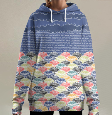 Единство под разноцветными зонтами в дожде, Hoodie Long Oversize 3D
