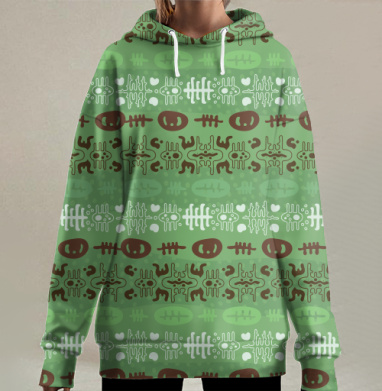Ритмичный узор с рыбными скелетами и этно-мотивами, Hoodie Long Oversize 3D