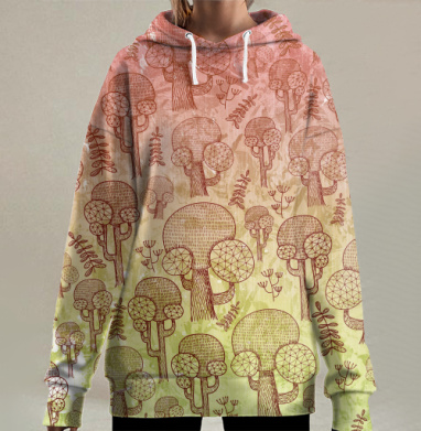 Графический лес: стильный модернистский паттерн деревьев, Hoodie Long Oversize 3D