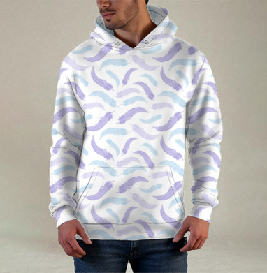 Нежный узор с воздушными сиреневыми перьями, Худи / Мужская / С карманом / 3D