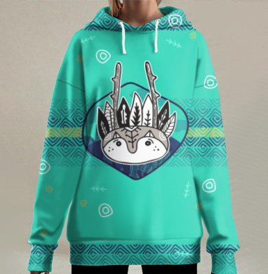 Этнический портрет животного с рогами и листьями, Hoodie Long Oversize 3D