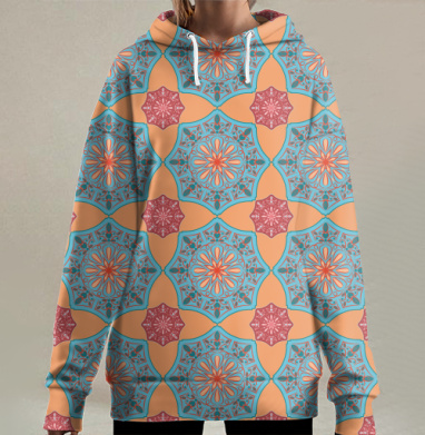 Геометрический узор с декоративными круглыми элементами и цветами, Hoodie Long Oversize 3D