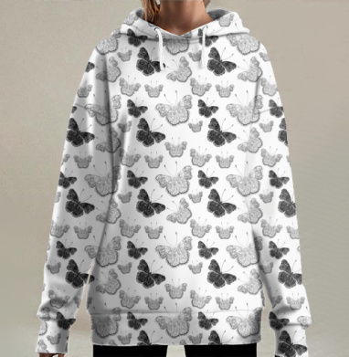Черно белые бабочки разных размеров на белом фоне, Hoodie Long Oversize 3D