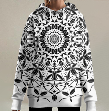 Черно белый ажурный круглый орнамент ажурный круглый орнамент, Hoodie Long Oversize 3D