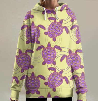 Фиолетовая морская черепаха на желтом фоне плавность воды, Hoodie Long Oversize 3D
