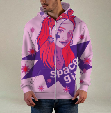 Девушка с красными волосами и космосом вокруг space girl, Толстовка мужская на молнии 3Д полная запечатка