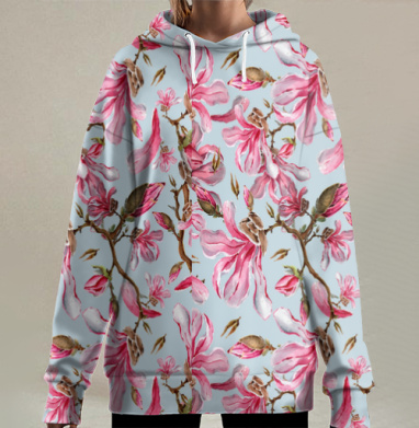 Весенний узор с акварельной магнолией, Hoodie Long Oversize 3D