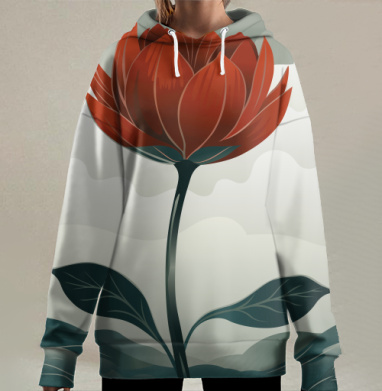 Красный алый цветок распустился в суровом мире, Hoodie Long Oversize 3D