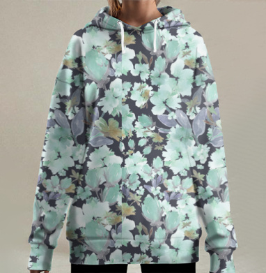 Нежная акварельная композиция с мятными цветами, Hoodie Long Oversize 3D