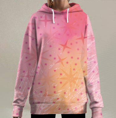 Розовые Звезды Летят Вечером на Подушке, Hoodie Long Oversize 3D