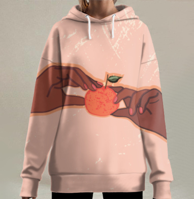 Тёмнокожие руки с мандарином и ярким маникюром на фоне, Hoodie Long Oversize 3D