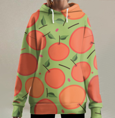 Яркие сочные мандарины с зеленой листвой на фоне, Hoodie Long Oversize 3D