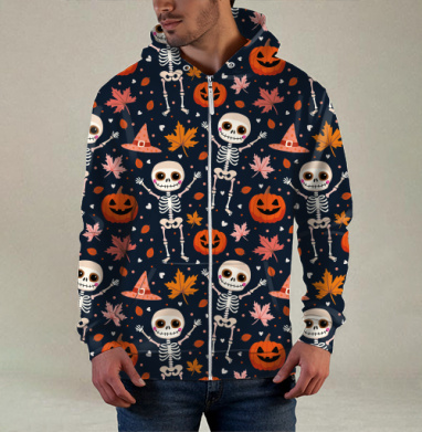 Веселый танцующий скелет и тыква / Happy skeleton and pumpkin Halloween, Толстовка мужская на молнии 3Д полная запечатка