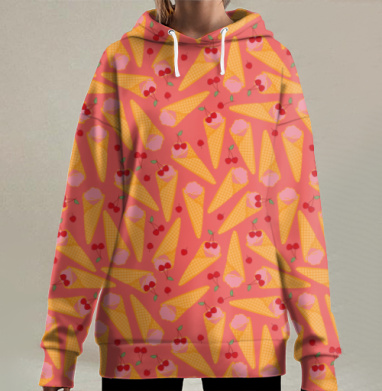 Бесшовный узор с вафельными рожками и вишневым мороженым на розовом, Hoodie Long Oversize 3D