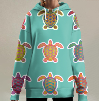 Яркие морские черепахи в орнаменте на бирюзовом фоне, Hoodie Long Oversize 3D