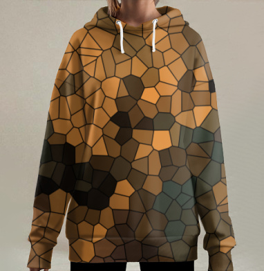 Абстрактное мозаичное выражение цвета желто-горчично-болотного, Hoodie Long Oversize 3D
