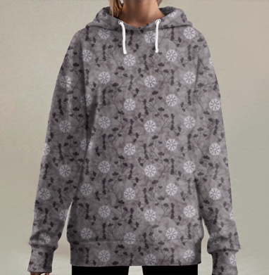 Зимний узор с ветвями и снежинками зимними вечерами, Hoodie Long Oversize 3D