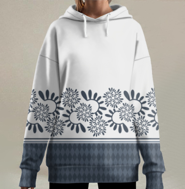 Темно Синий Геометрический Орнамент Спиралевидный узор, Hoodie Long Oversize 3D