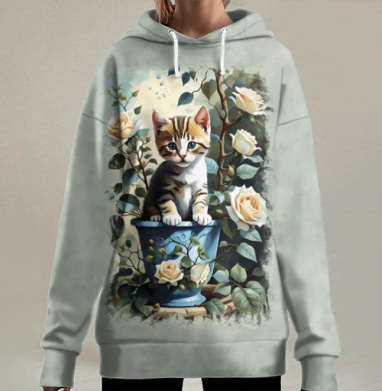 Котёнок в цветочном горшке среди роз котёнок в горшке, Hoodie Long Oversize 3D