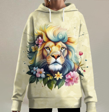 Магия льва и нежность цветов — цифровая иллюстрация, Hoodie Long Oversize 3D
