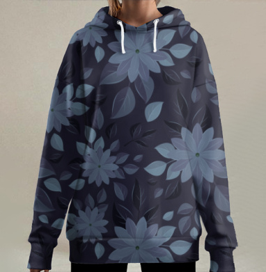 Ночной сад: элегантный цветочный орнамент в холодных тонах, Hoodie Long Oversize 3D