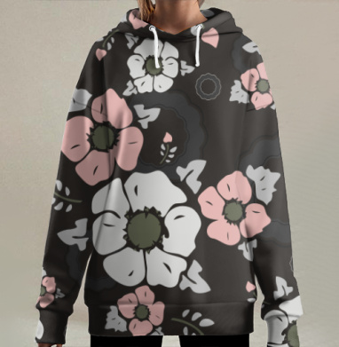 Нежные цветы анемоны на темном фоне для интерьера, Hoodie Long Oversize 3D