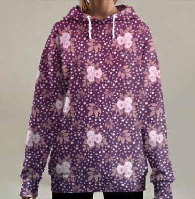 Нежные розы и листья в темных оттенках с точками, Hoodie Long Oversize 3D
