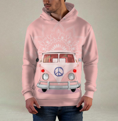 Розовый Фургон Volkswagen Т1 с Мандалой Хиппи, Худи / Мужская / С карманом / 3D