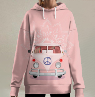 Розовый Фургон Volkswagen Т1 с Мандалой Хиппи, Hoodie Long Oversize 3D