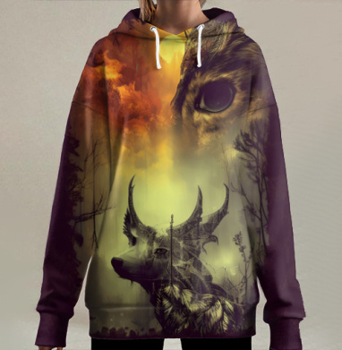 Мистическая лесная сцена волк и олень встреча тайн, Hoodie Long Oversize 3D